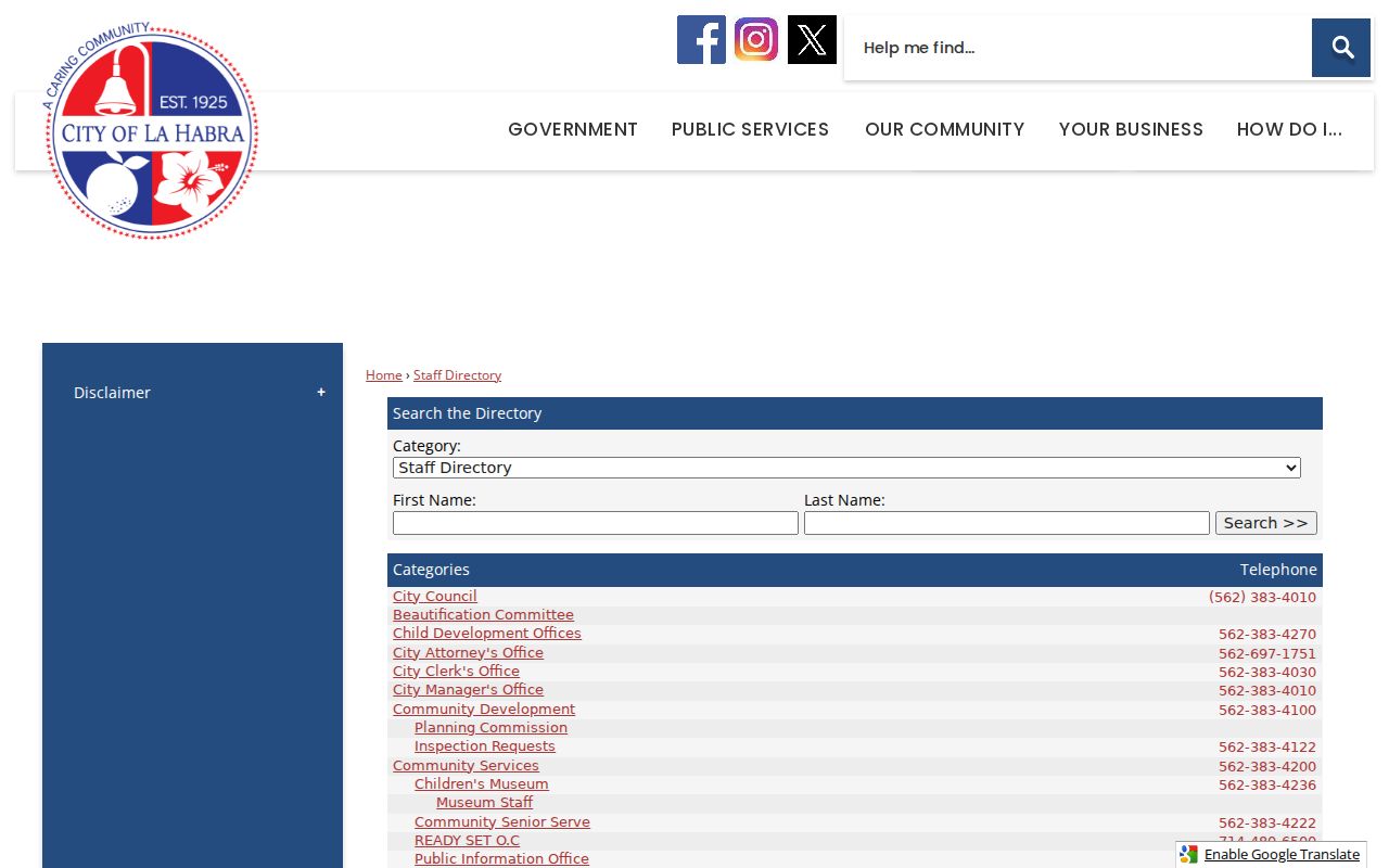 La Habra people directories city staff search