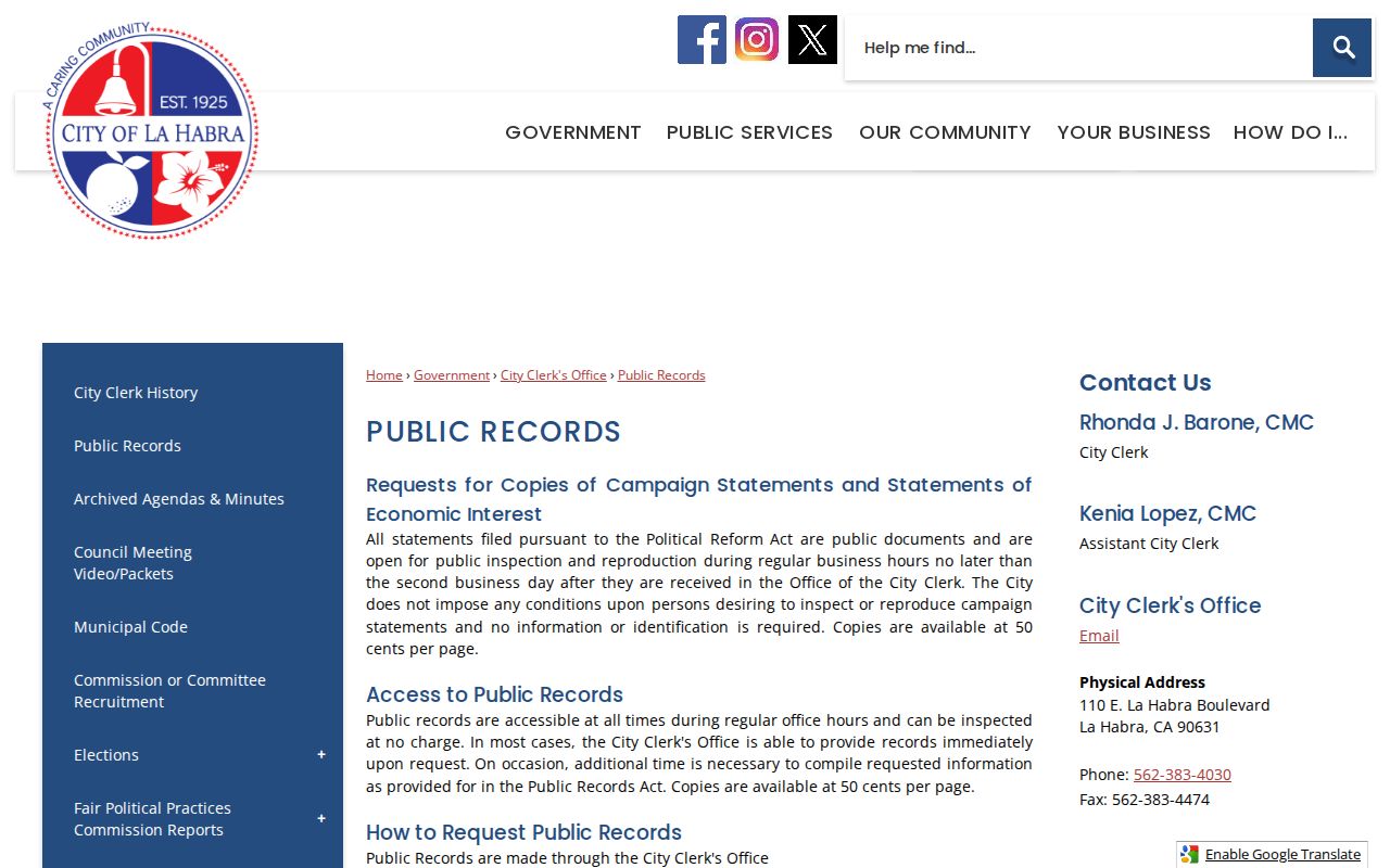 La Habra public records City Clerk access page