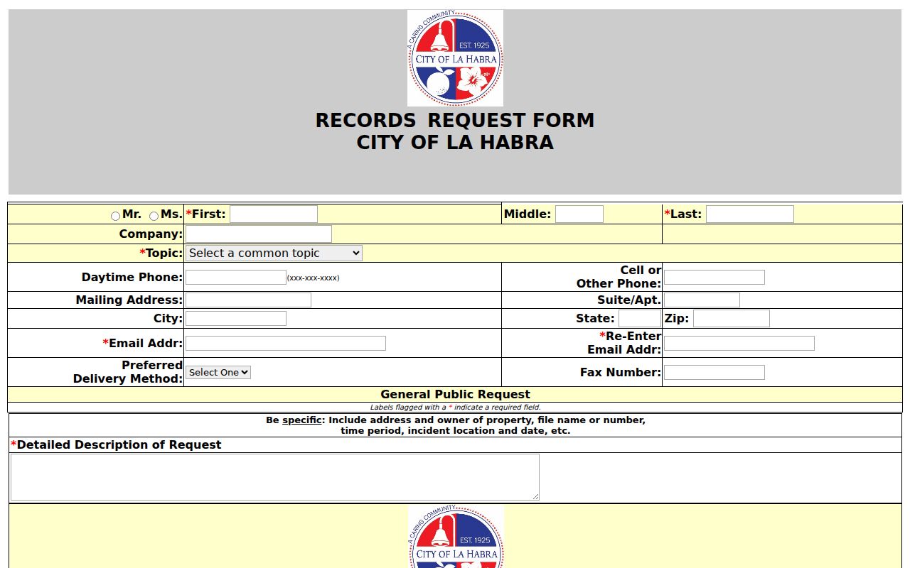 La Habra public records general request form